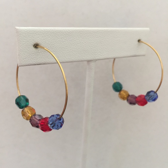 HAND CRAFTED Hoop Earrings Jewel-tone Swarovski Crystals Goldtone Hoops Rainbow - Picture 4 of 12